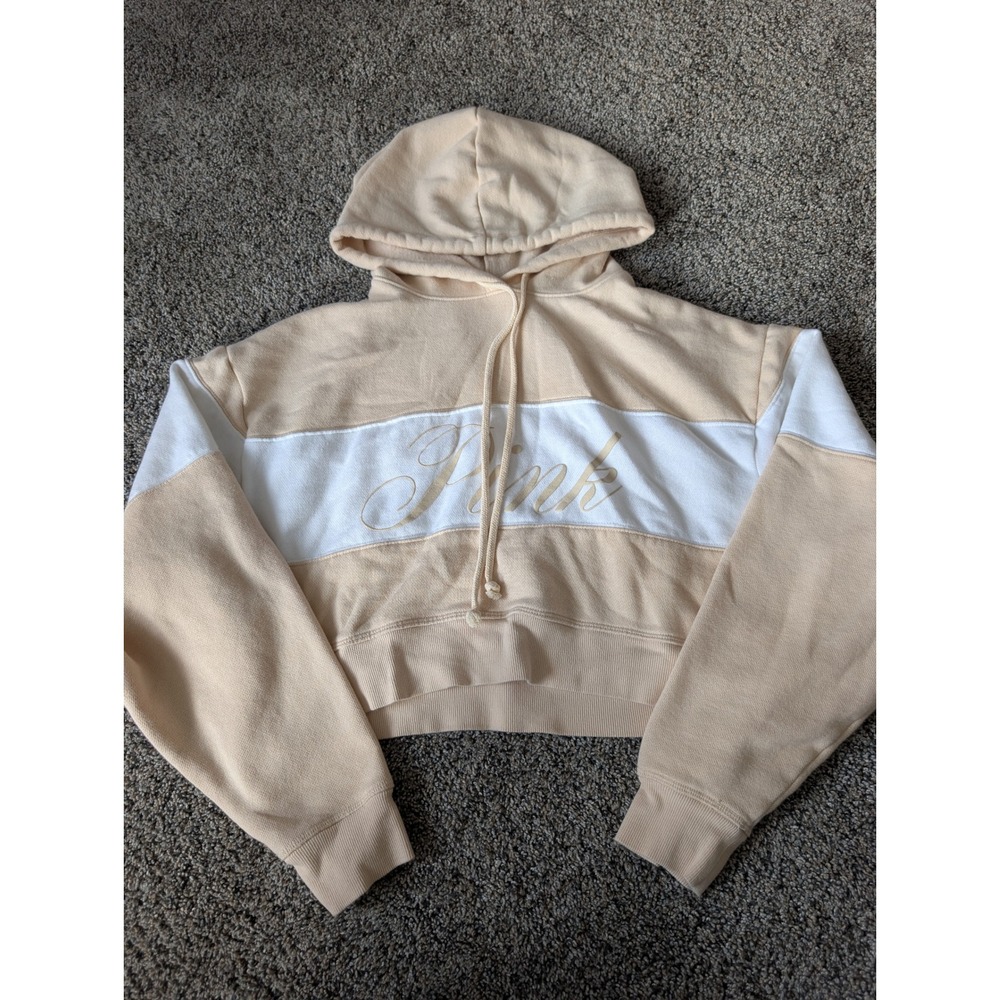 PINK Victoria's Secret Cropped Hoodie Cream White Colorblock Script Logo XS